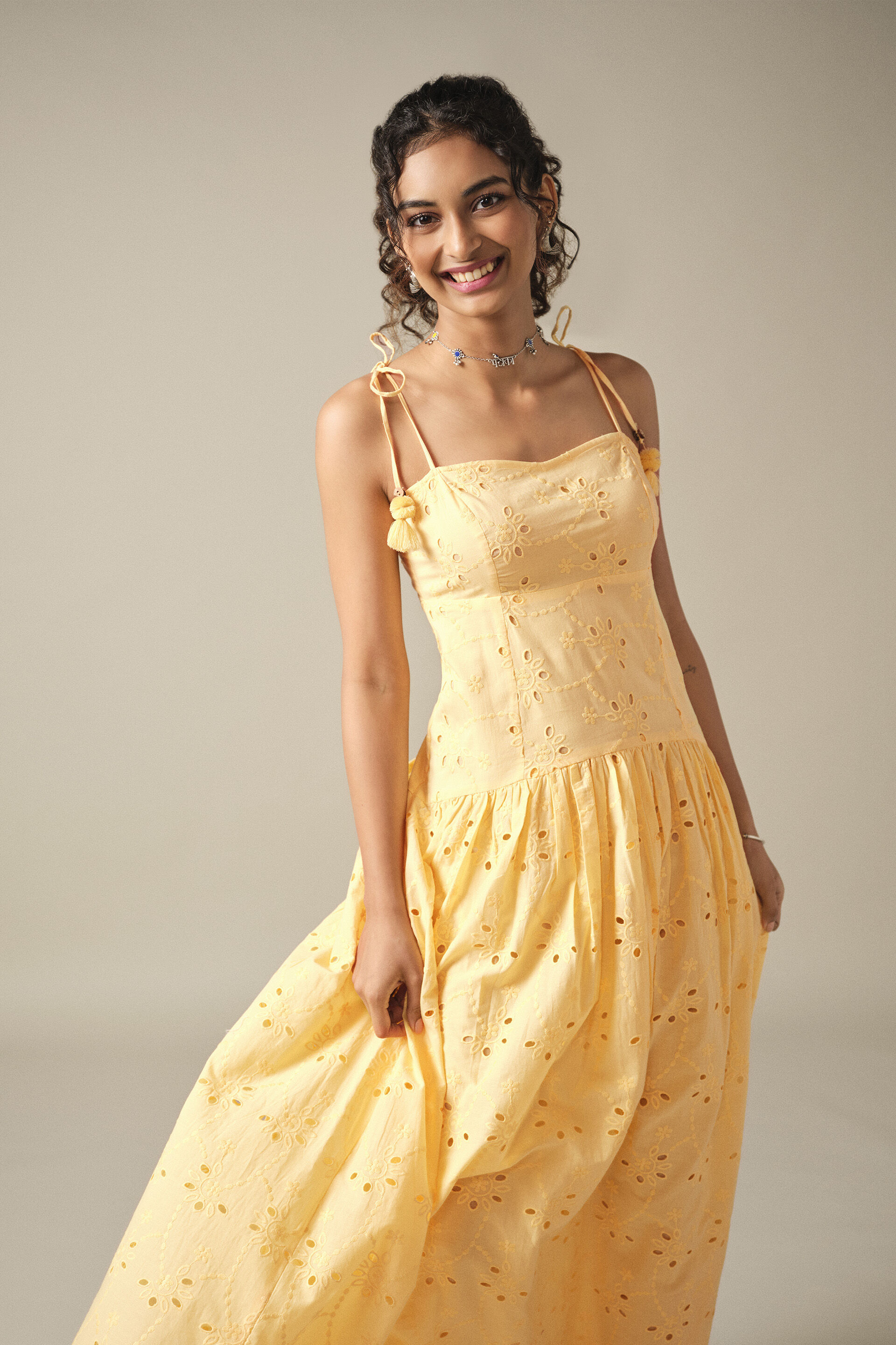 Drop Waist Cotton Summer Dress in Yellow, Yellow, image 4